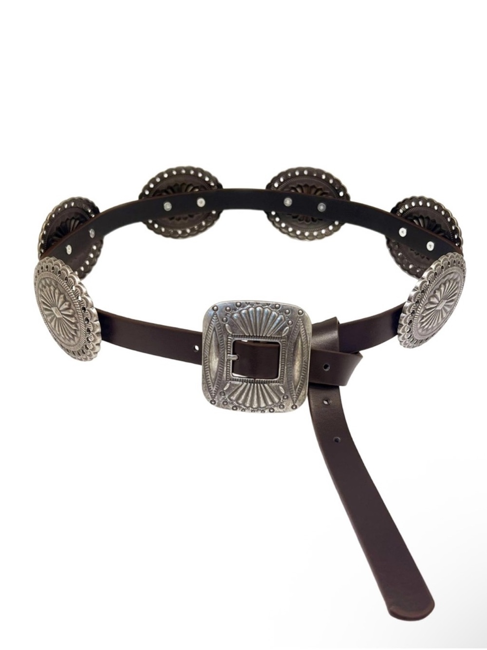 Brown Leather Western Concho Belt with Silver-Tone Buckle